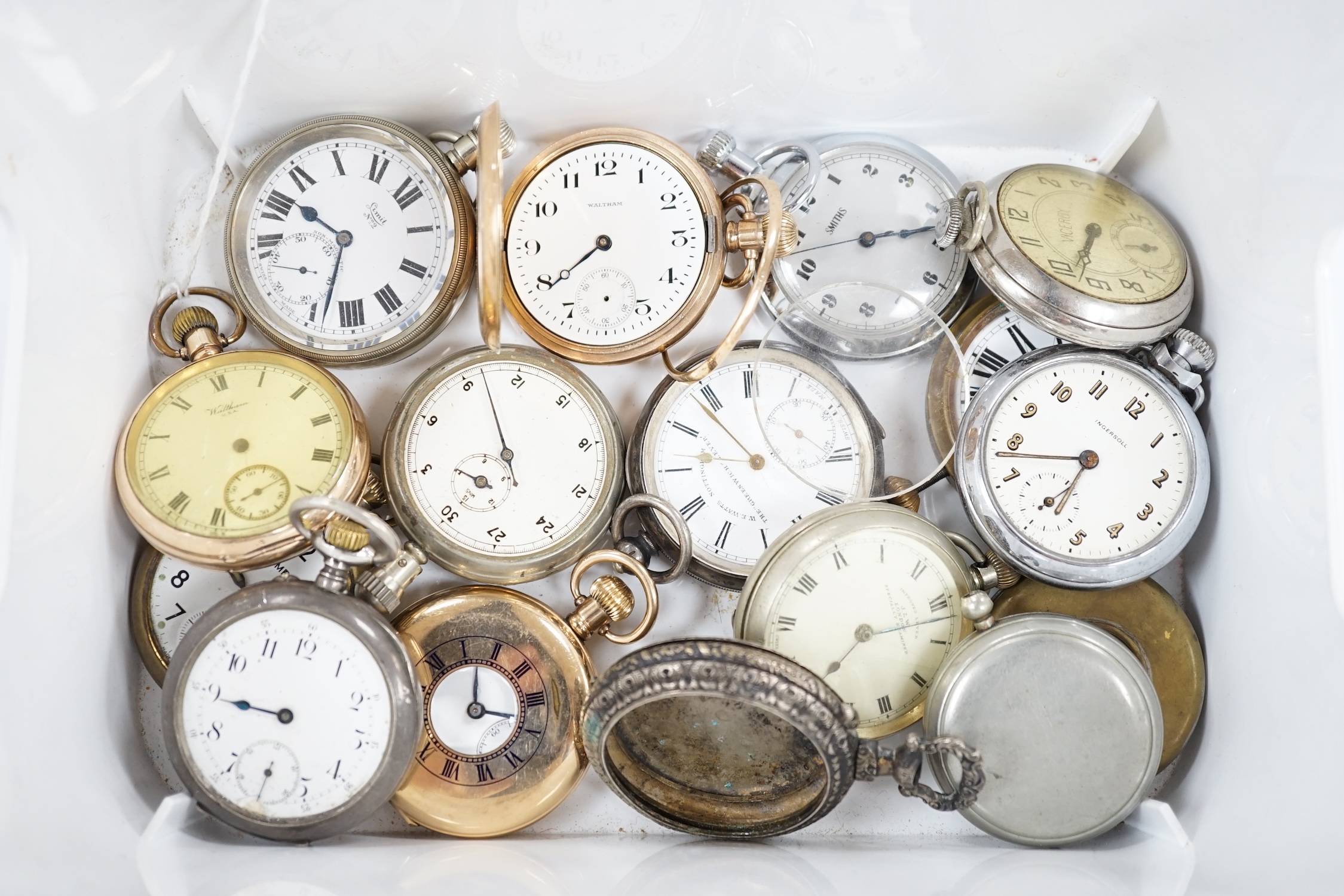 Thirteen assorted base metal or gold plated pocket watches, including two Waltham and a Stayte half hunter, together with a pocket watch case, stopwatch and a 935 white metal open face pocket watch, by Watts of Nottingha